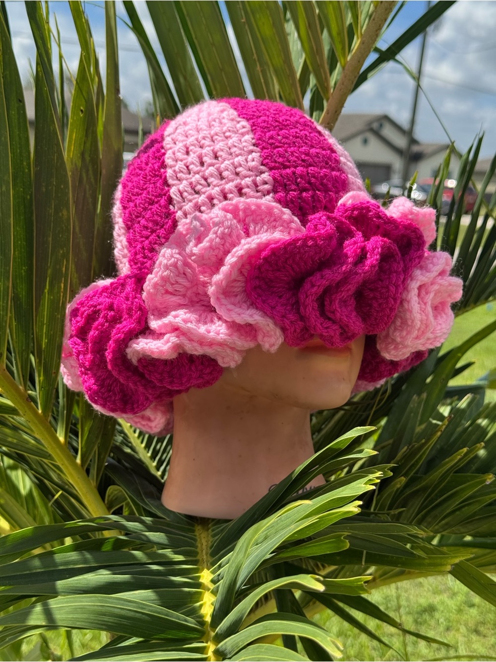 Handcrafted Pink Crochet Ruffle Bucket Hat